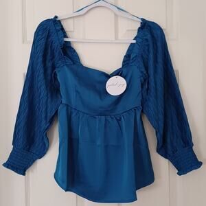NWT Petal & Pup Montana Satin Babydoll Top Blue Square Neck XS/S